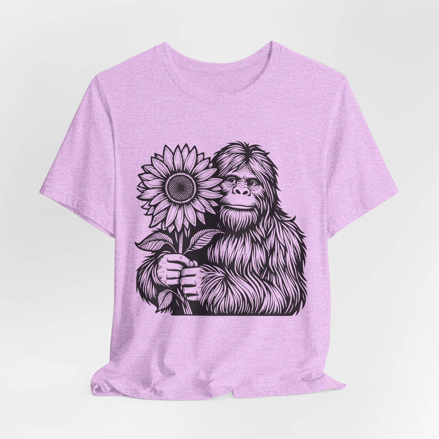 Sasquatch Holding Sunflower T-Shirt — Cute Bigfoot Floral Tee