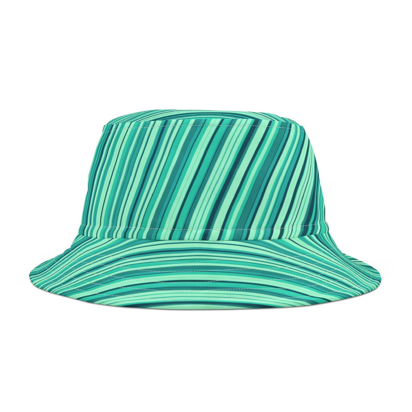 Turquoise Striped Bucket Hat - Retro Beach Sun Hat, Teal Green Waves AOP