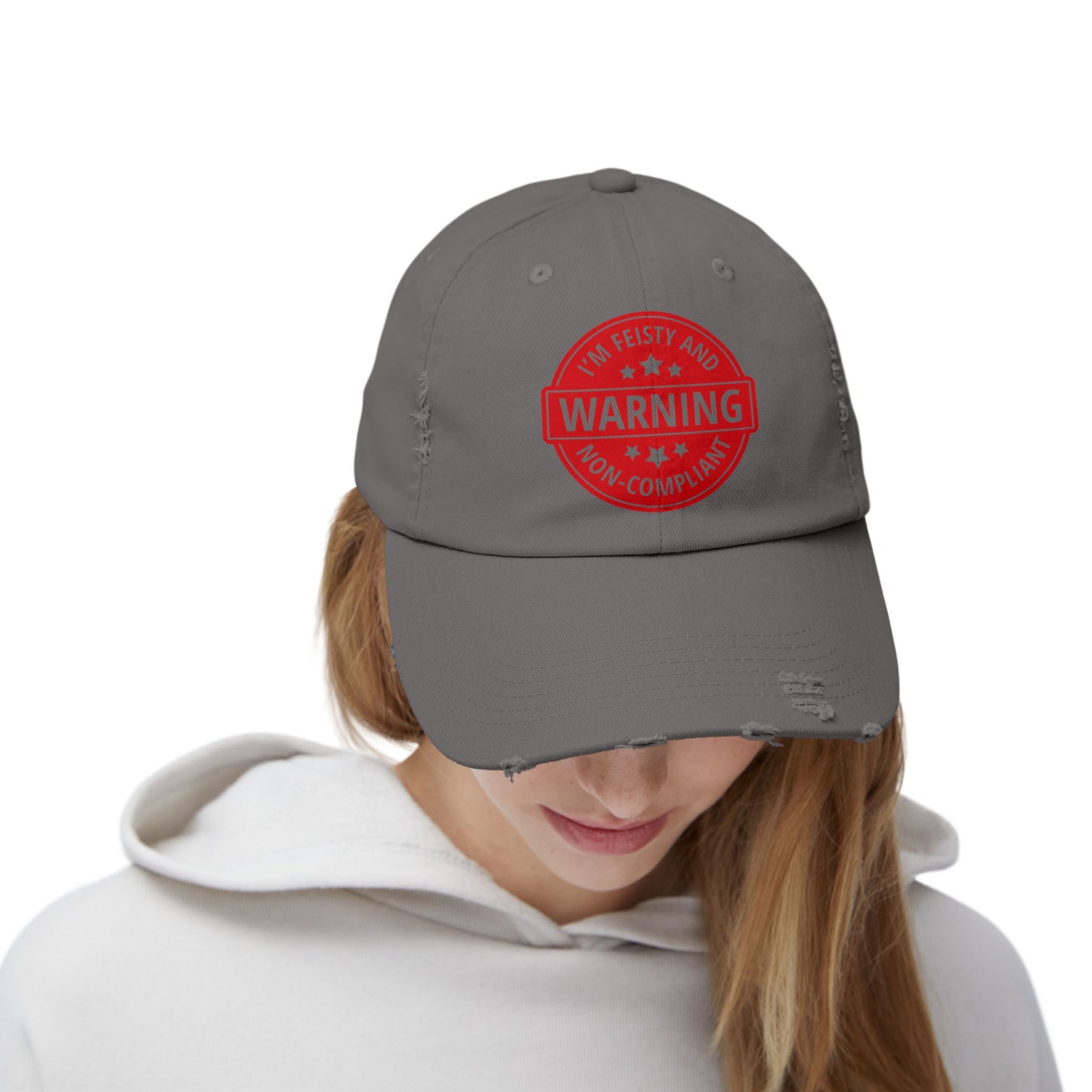 Distressed Cap — "Warning: I'm Feisty and Non-Compliant" Red Badge Hat
