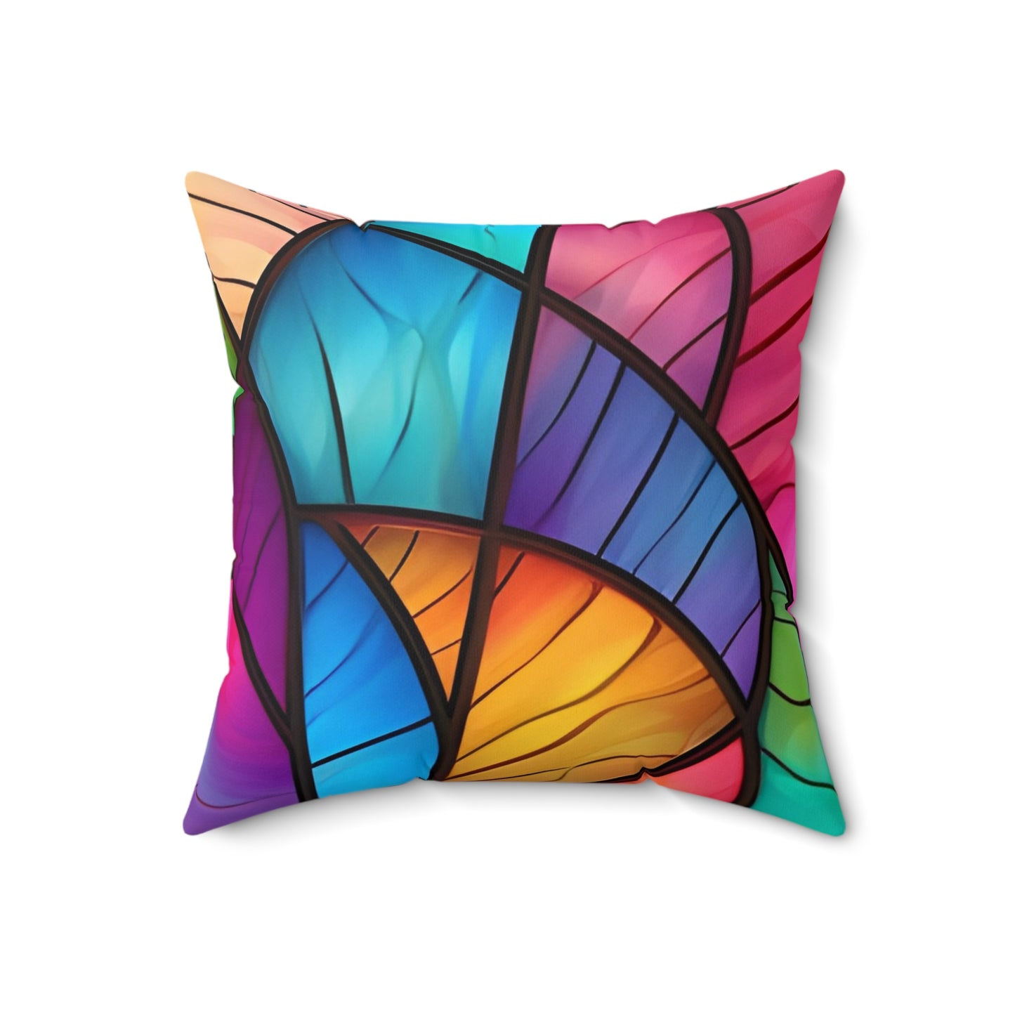Vibrant Stained Glass Leaf Square Pillow — Colorful Abstract Decorative Cushion