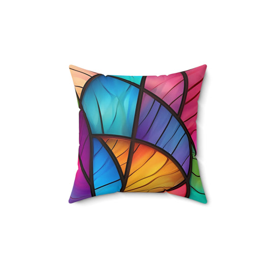 Vibrant Stained Glass Leaf Square Pillow — Colorful Abstract Decorative Cushion