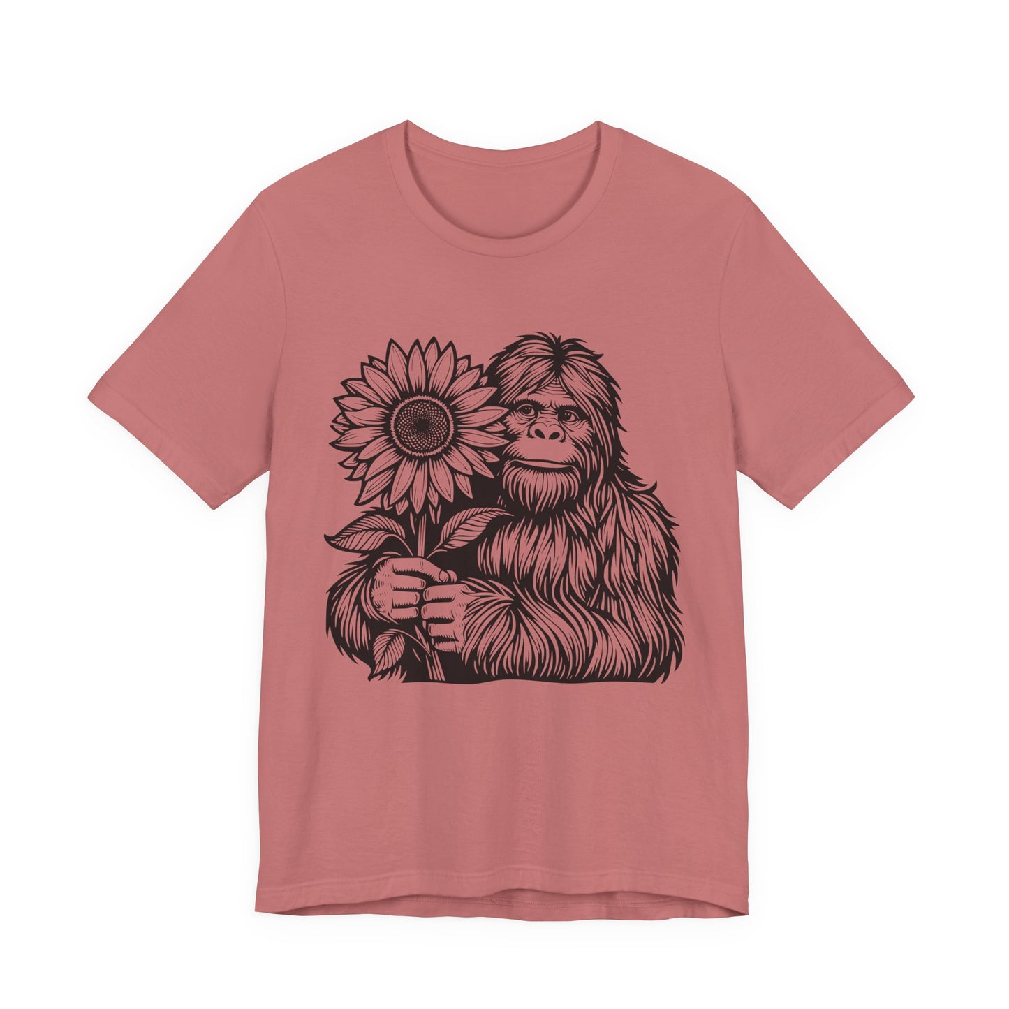 Sasquatch Holding Sunflower T-Shirt — Cute Bigfoot Floral Tee