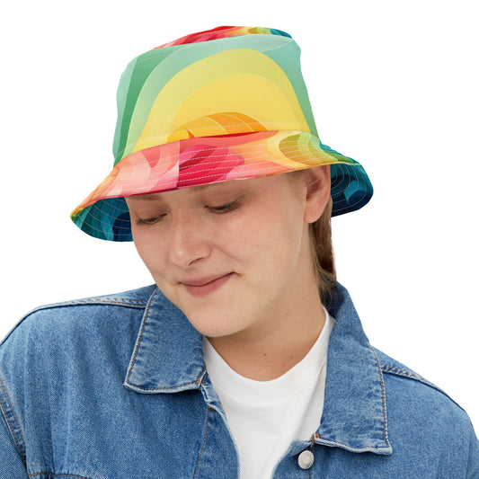 Colorful Wave Bucket Hat — Retro Rainbow Abstract Pattern