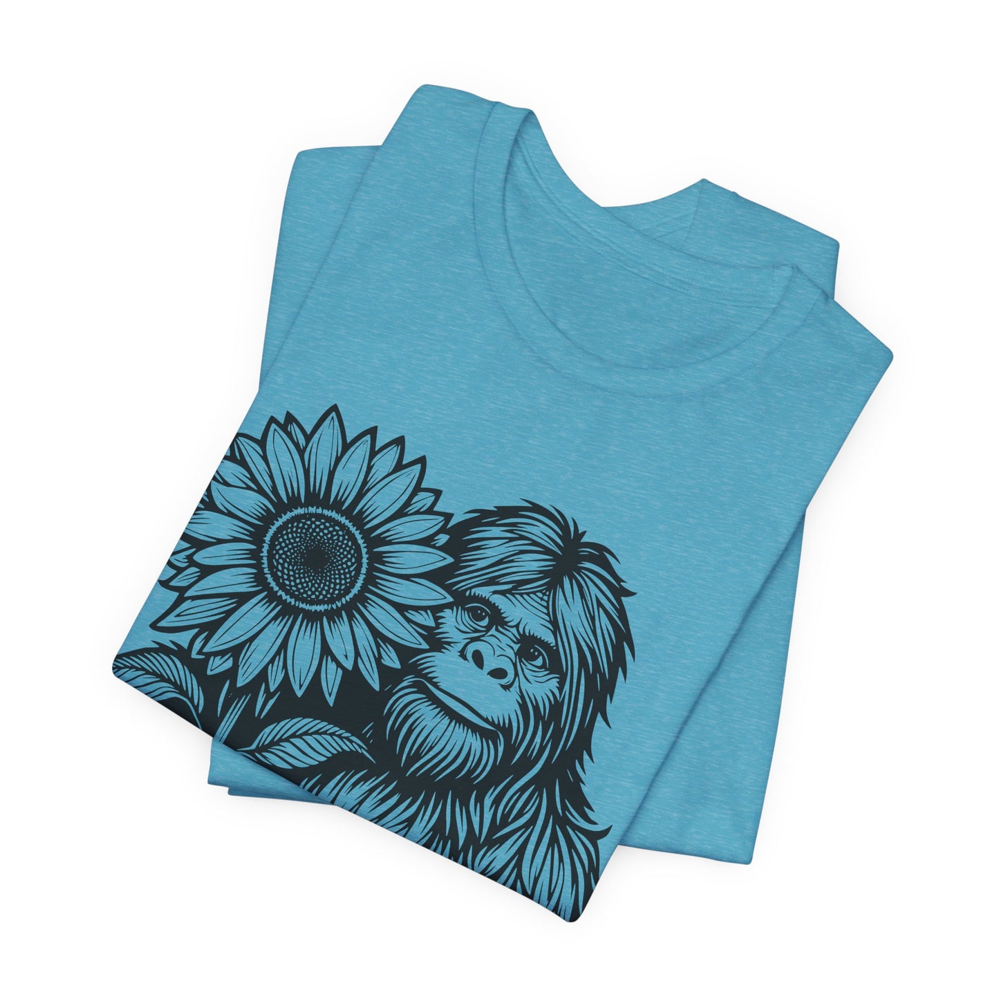 Sasquatch Holding Sunflower T-Shirt — Cute Bigfoot Floral Tee