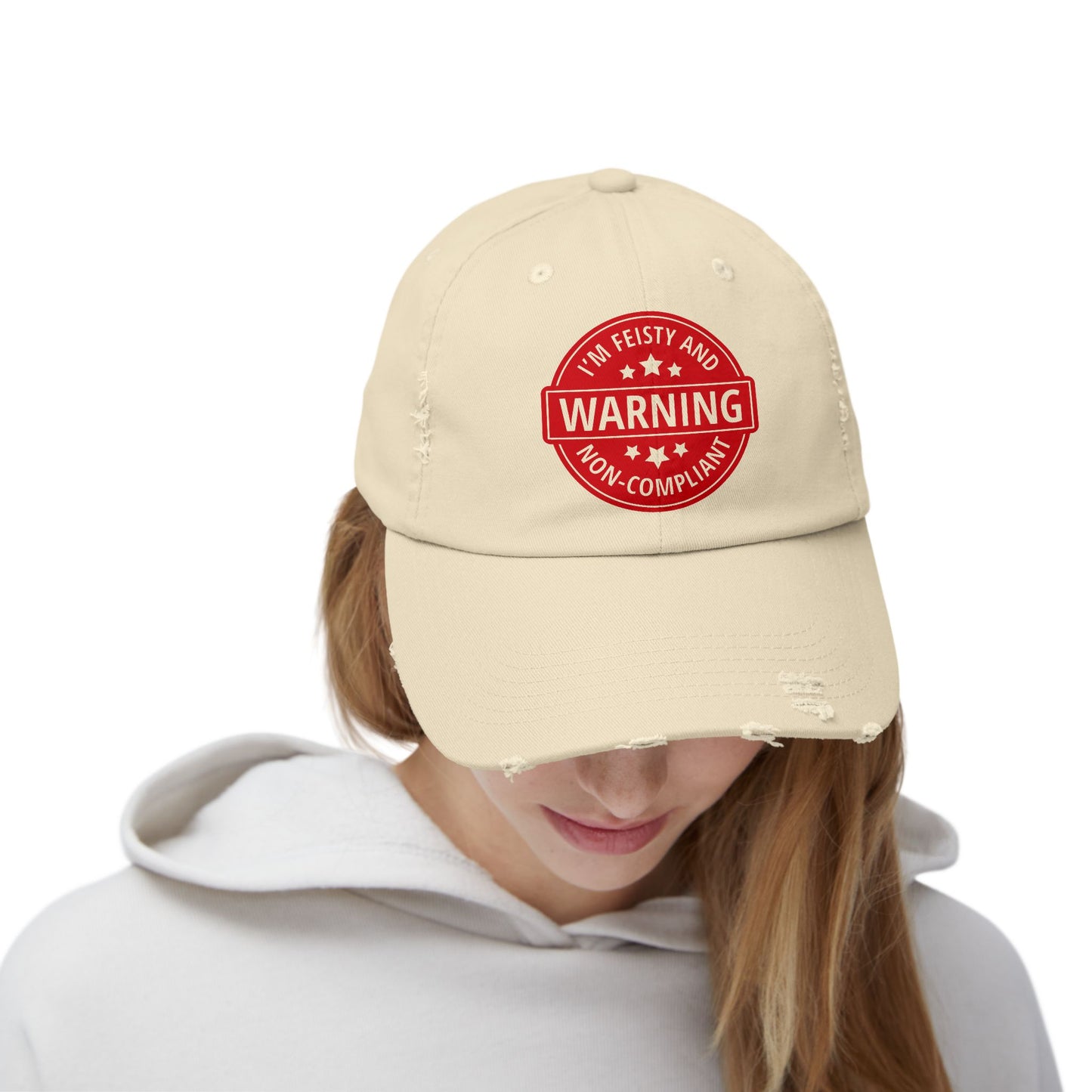 Distressed Cap — "Warning: I'm Feisty and Non-Compliant" Red Badge Hat