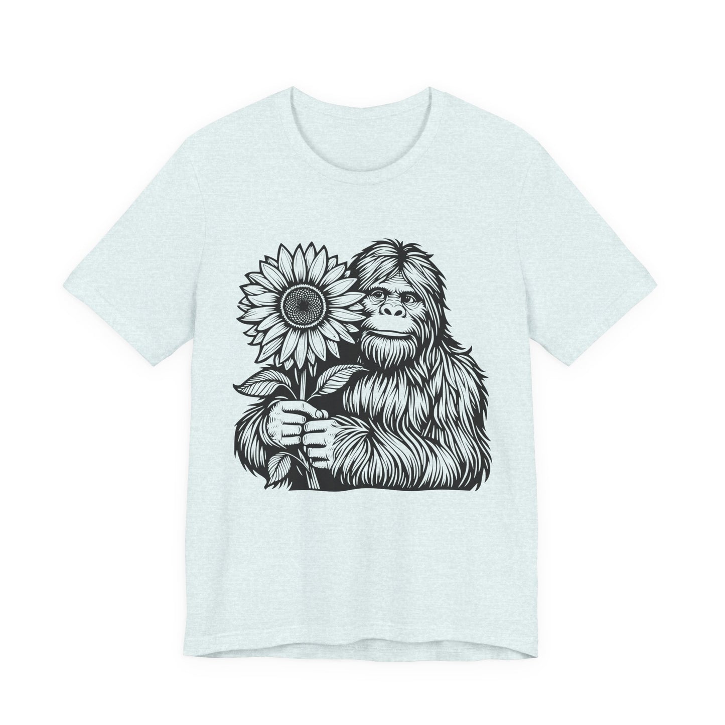 Sasquatch Holding Sunflower T-Shirt — Cute Bigfoot Floral Tee