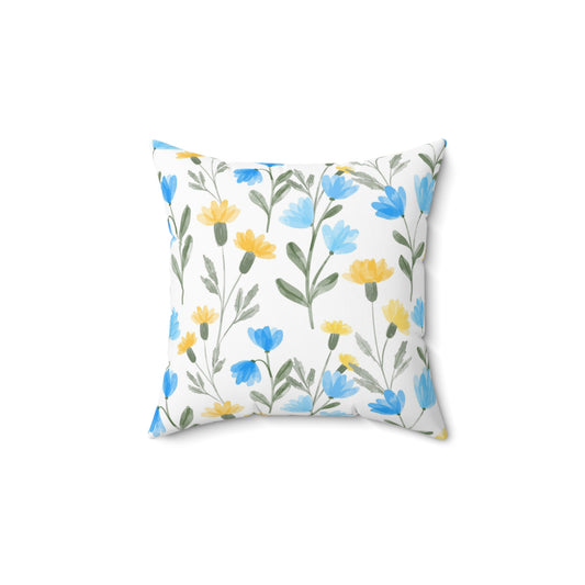 Blue & Yellow Floral Throw Pillow — Watercolor Wildflower Square Cushion