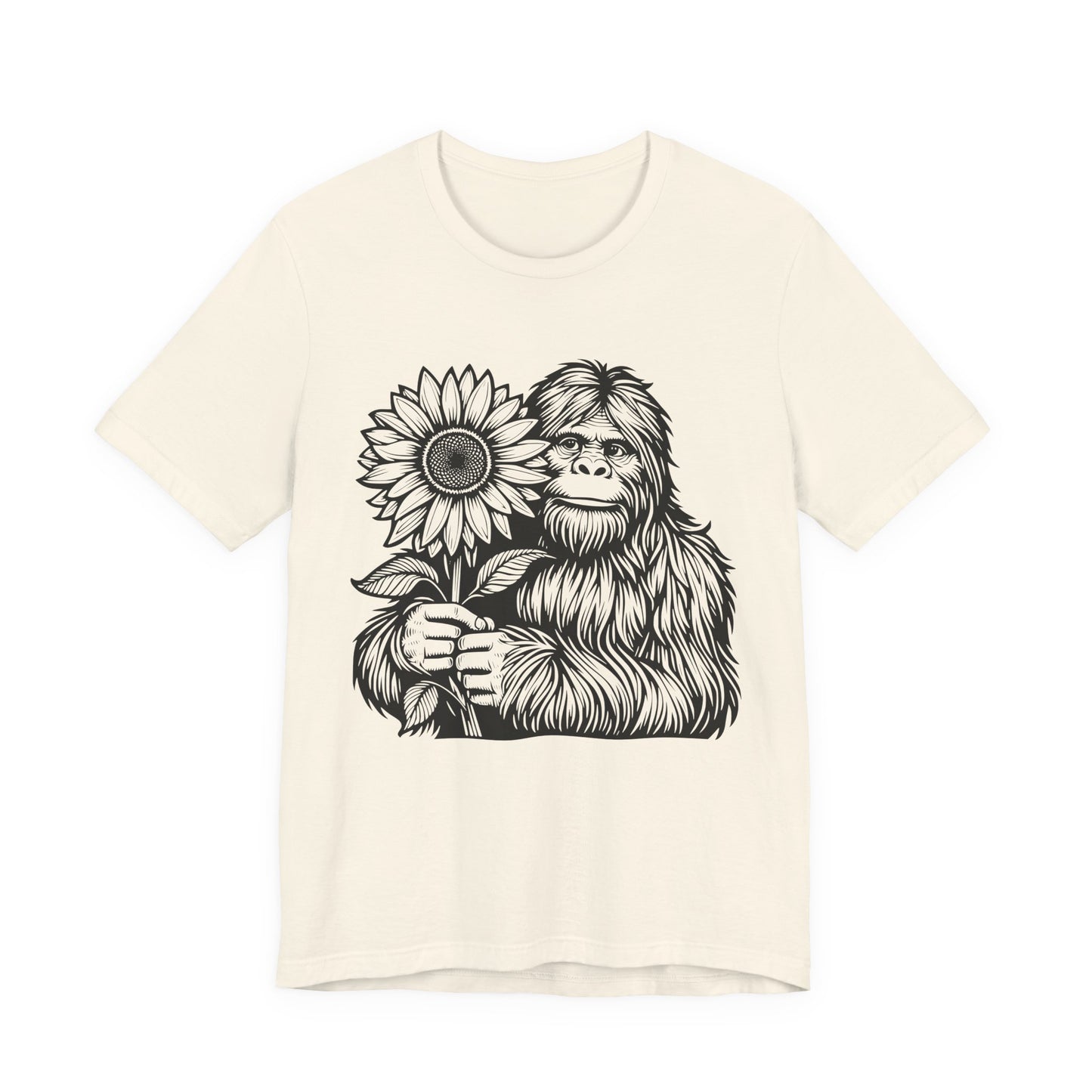 Sasquatch Holding Sunflower T-Shirt — Cute Bigfoot Floral Tee