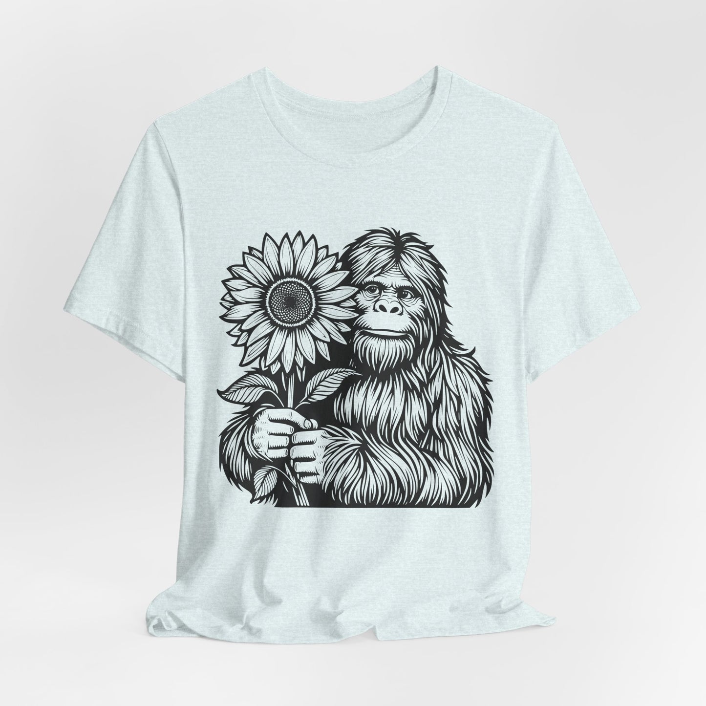 Sasquatch Holding Sunflower T-Shirt — Cute Bigfoot Floral Tee