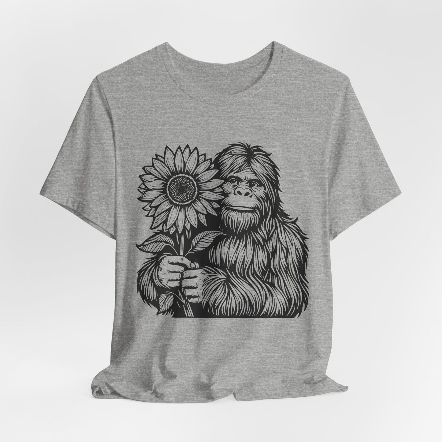 Sasquatch Holding Sunflower T-Shirt — Cute Bigfoot Floral Tee