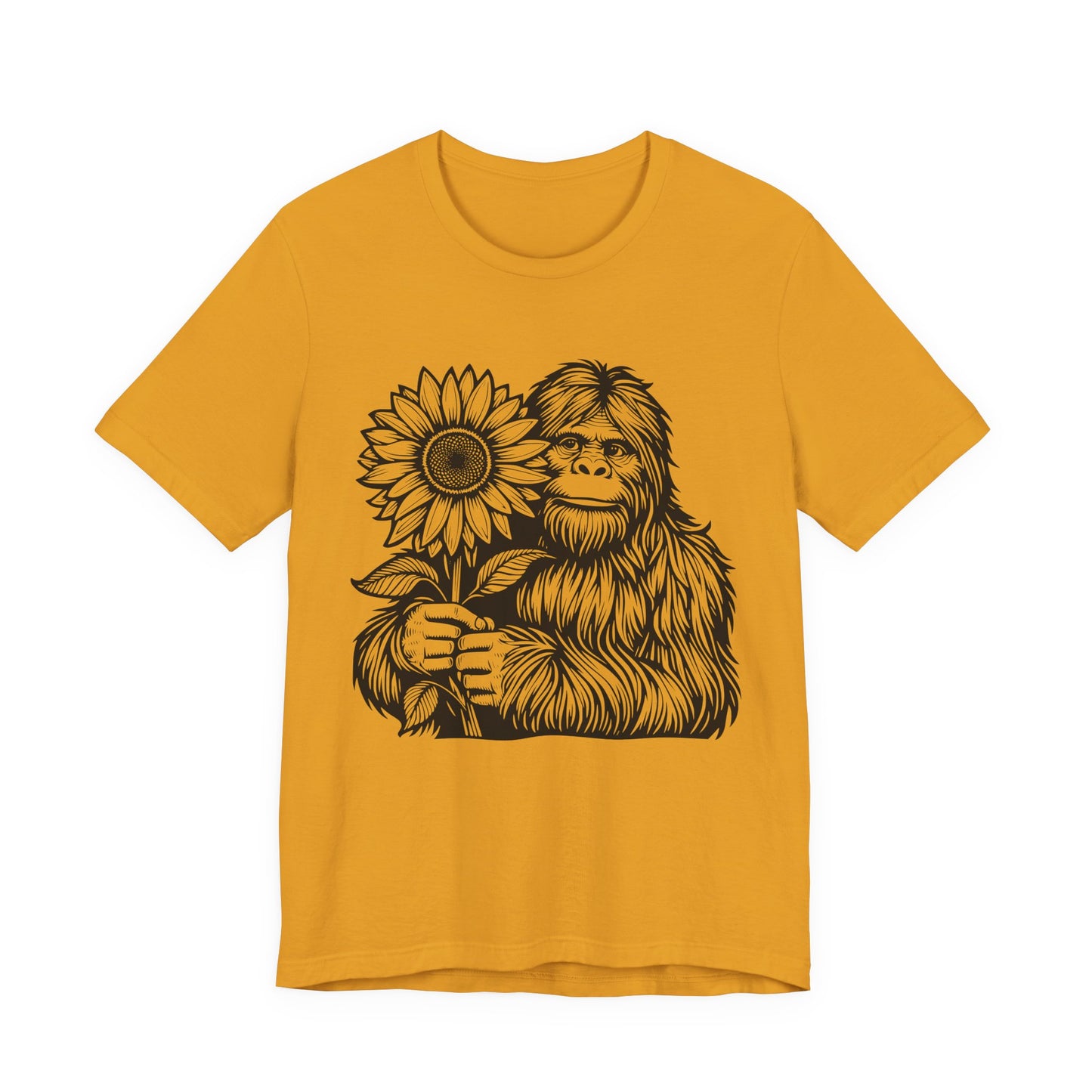 Sasquatch Holding Sunflower T-Shirt — Cute Bigfoot Floral Tee
