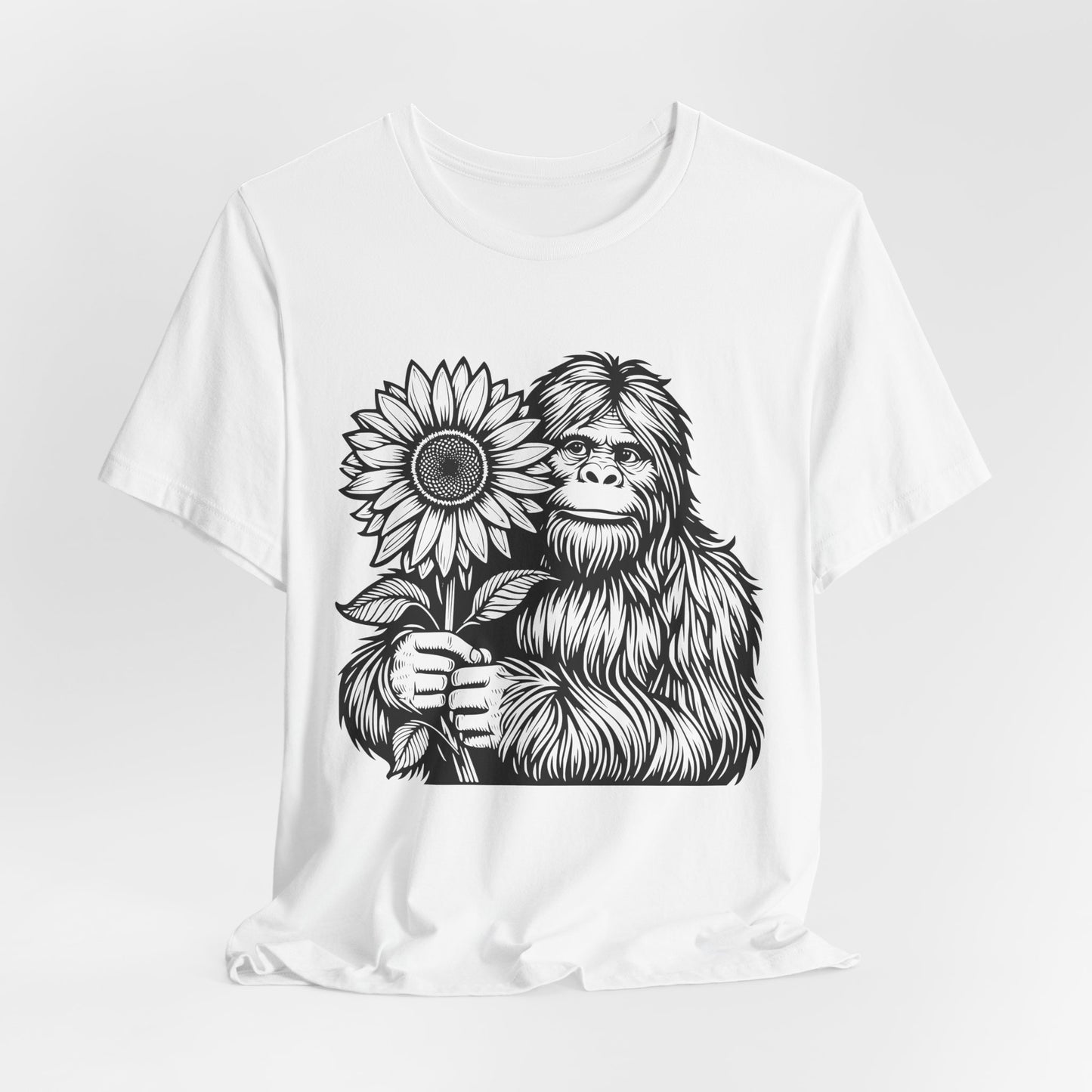 Sasquatch Holding Sunflower T-Shirt — Cute Bigfoot Floral Tee