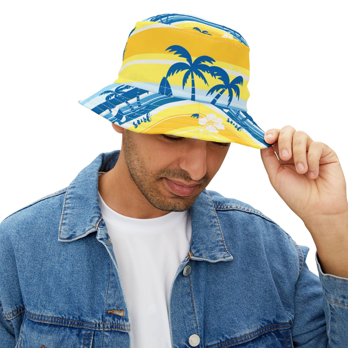 Tropical Surf Bucket Hat — Yellow Palm Beach Sun Beach Hat