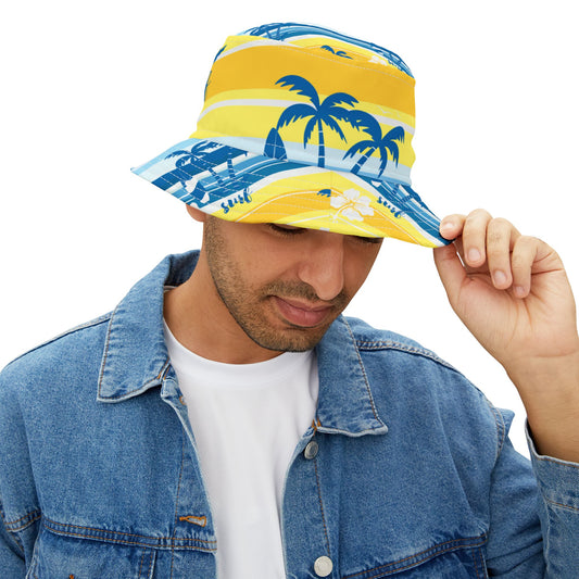 Tropical Surf Bucket Hat — Yellow Palm Beach Sun Beach Hat