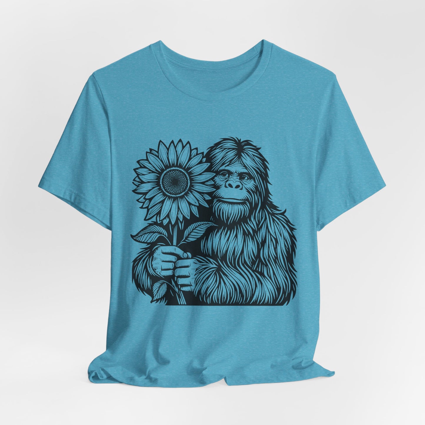 Sasquatch Holding Sunflower T-Shirt — Cute Bigfoot Floral Tee