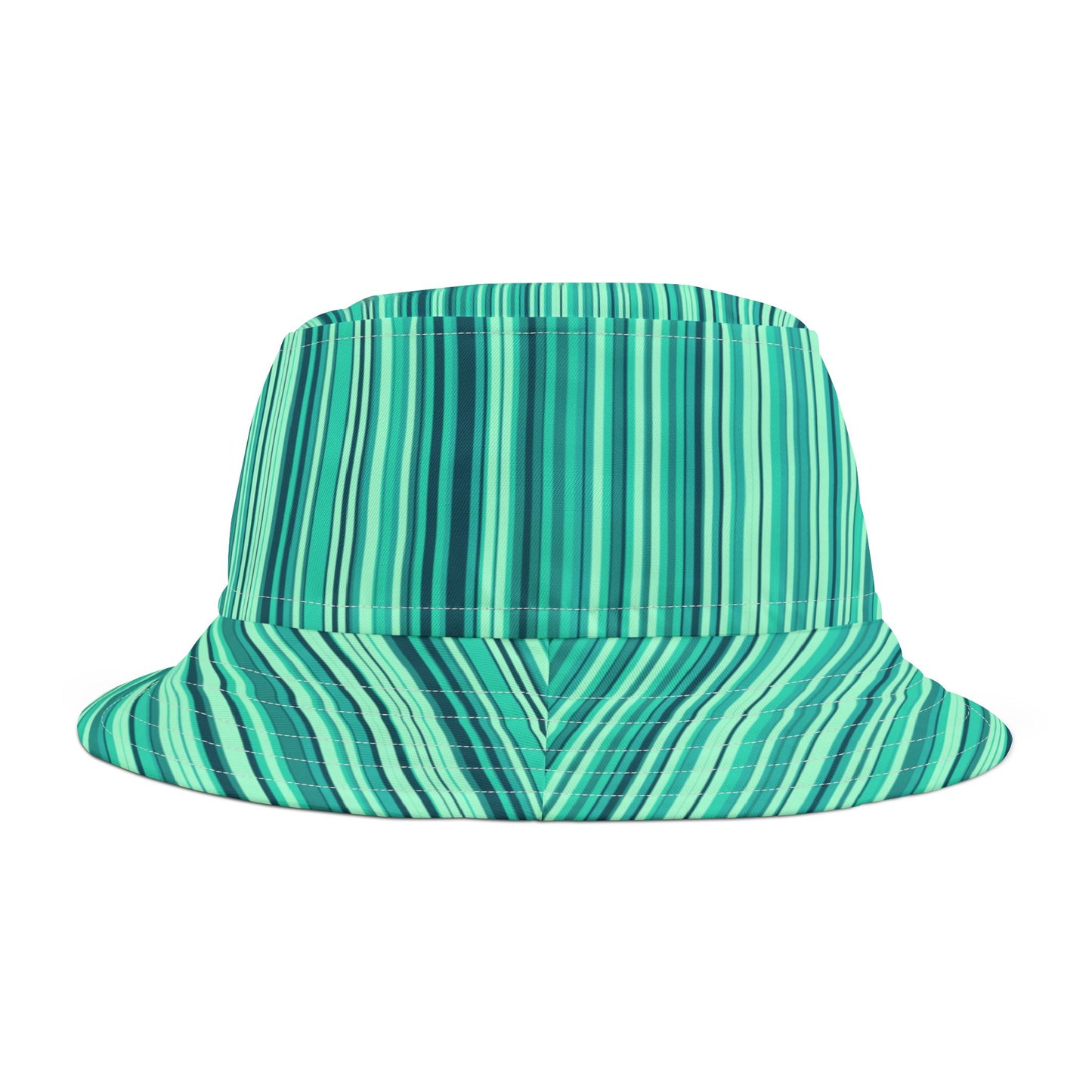 Turquoise Striped Bucket Hat - Retro Beach Sun Hat, Teal Green Waves AOP