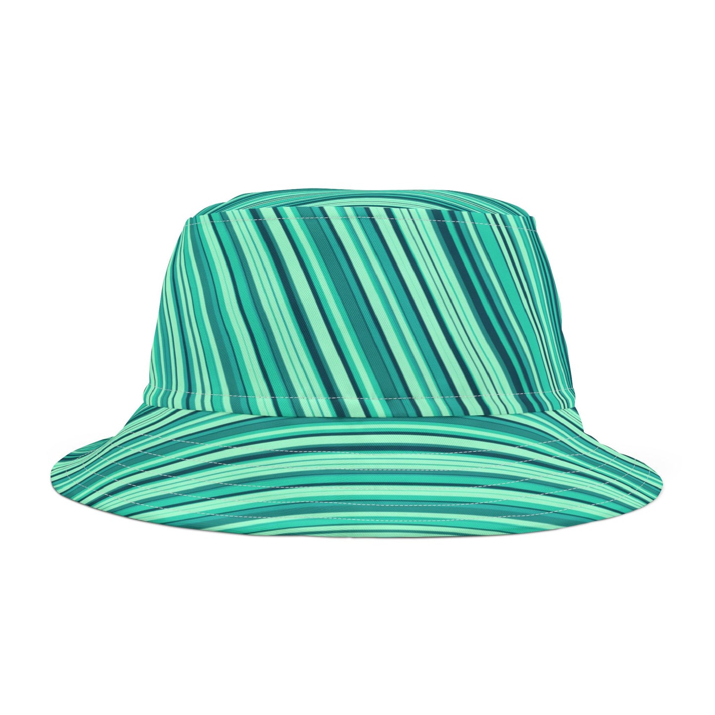 Turquoise Striped Bucket Hat - Retro Beach Sun Hat, Teal Green Waves AOP