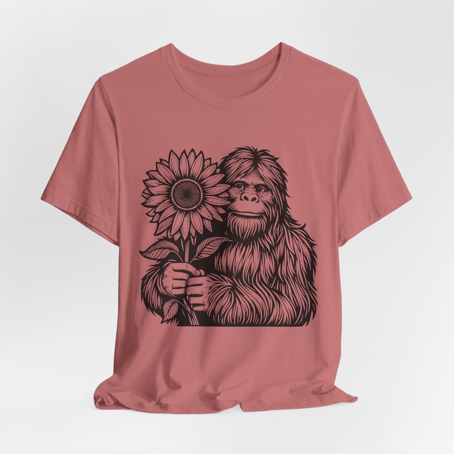 Sasquatch Holding Sunflower T-Shirt — Cute Bigfoot Floral Tee