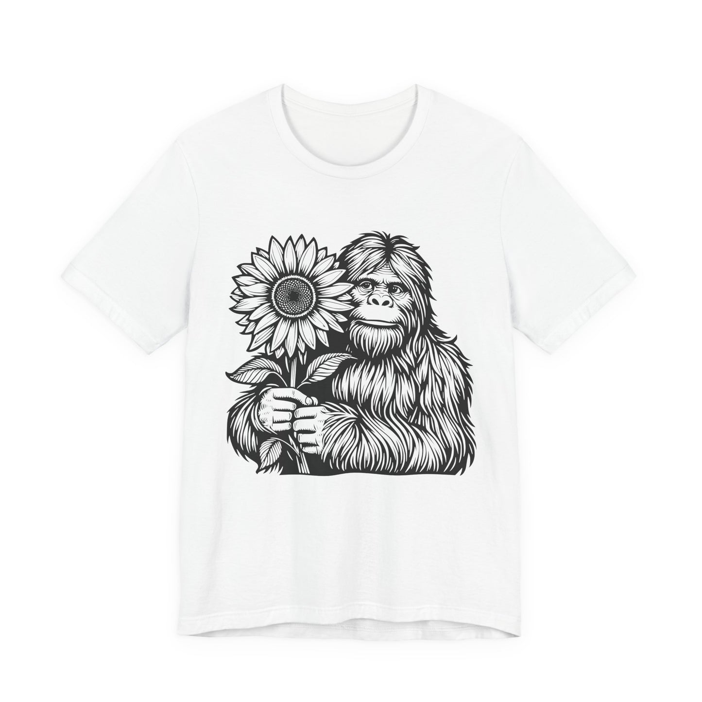 Sasquatch Holding Sunflower T-Shirt — Cute Bigfoot Floral Tee