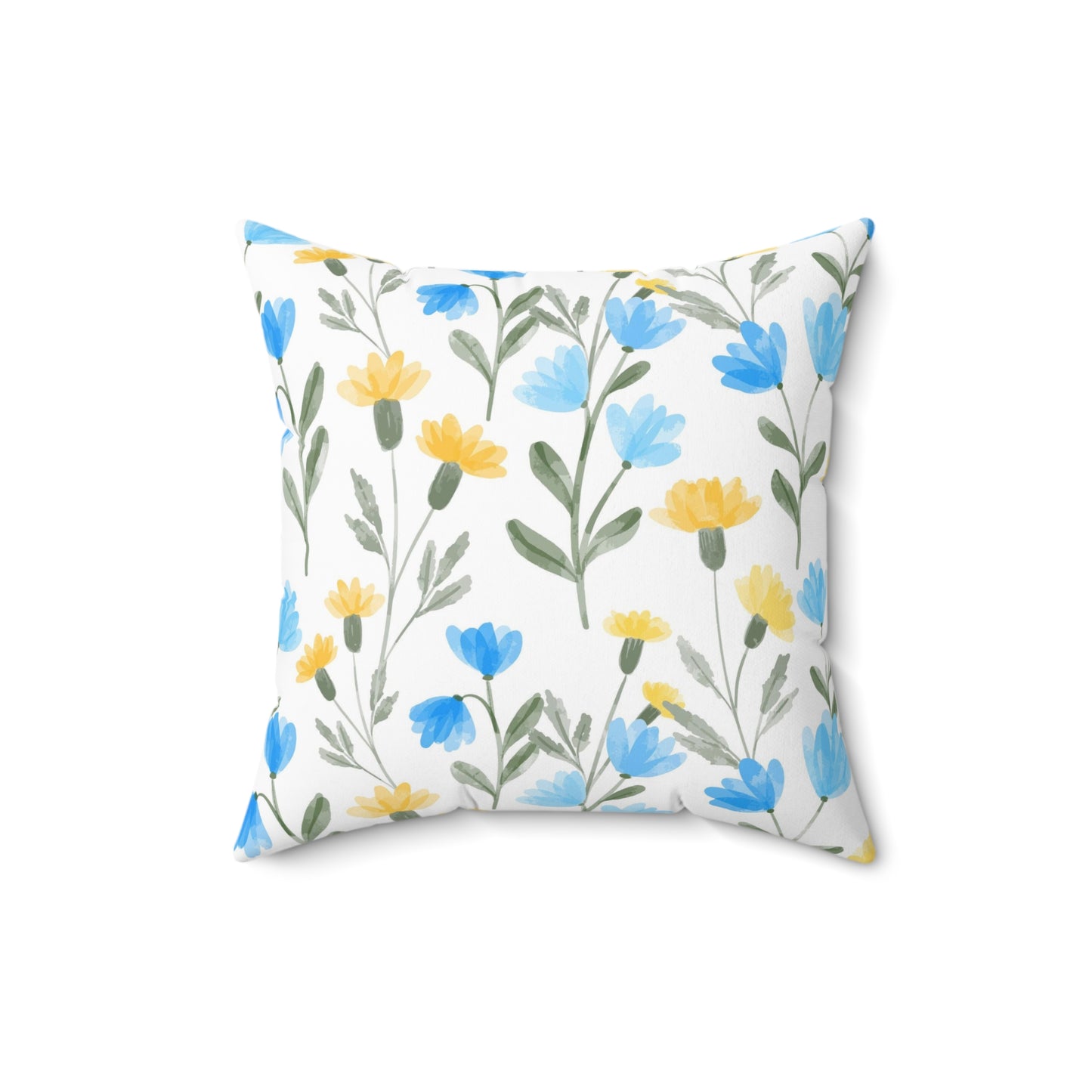 Blue & Yellow Floral Throw Pillow — Watercolor Wildflower Square Cushion