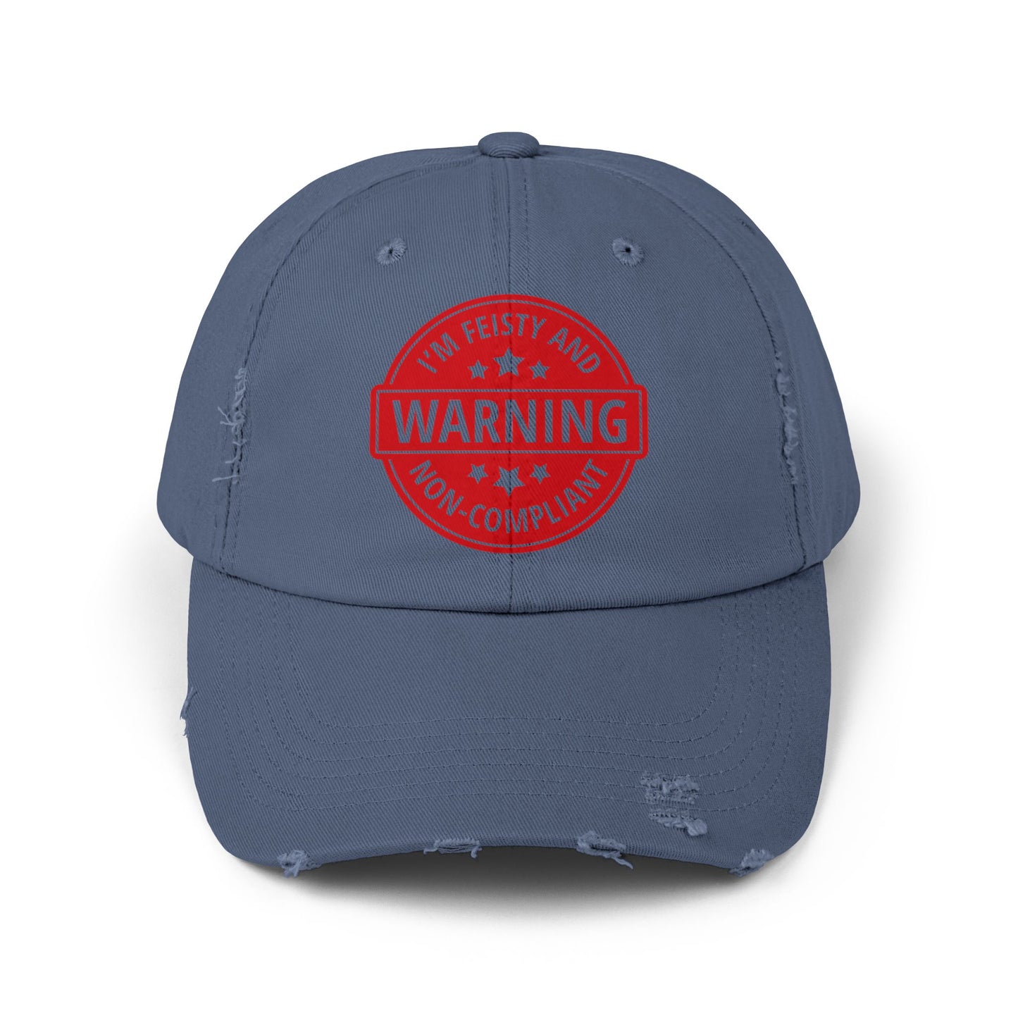 Distressed Cap — "Warning: I'm Feisty and Non-Compliant" Red Badge Hat