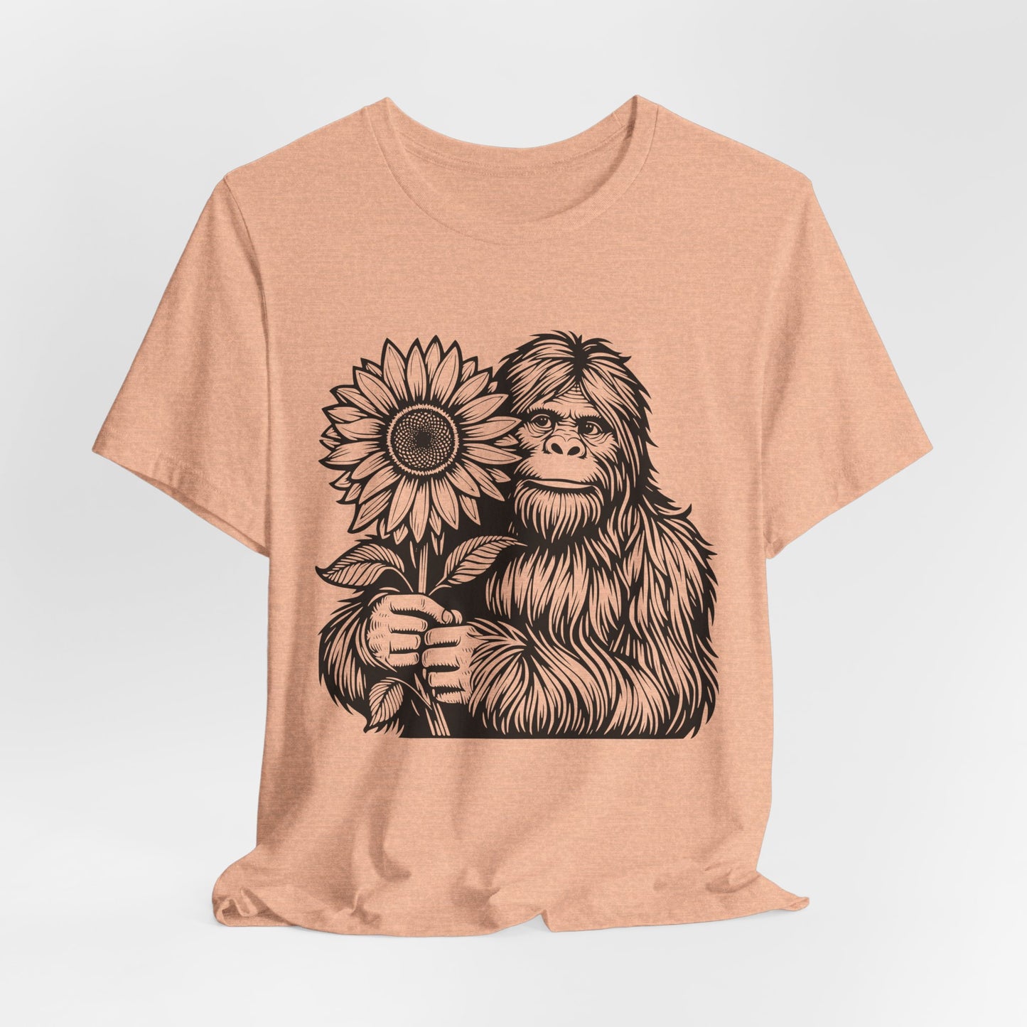 Sasquatch Holding Sunflower T-Shirt — Cute Bigfoot Floral Tee