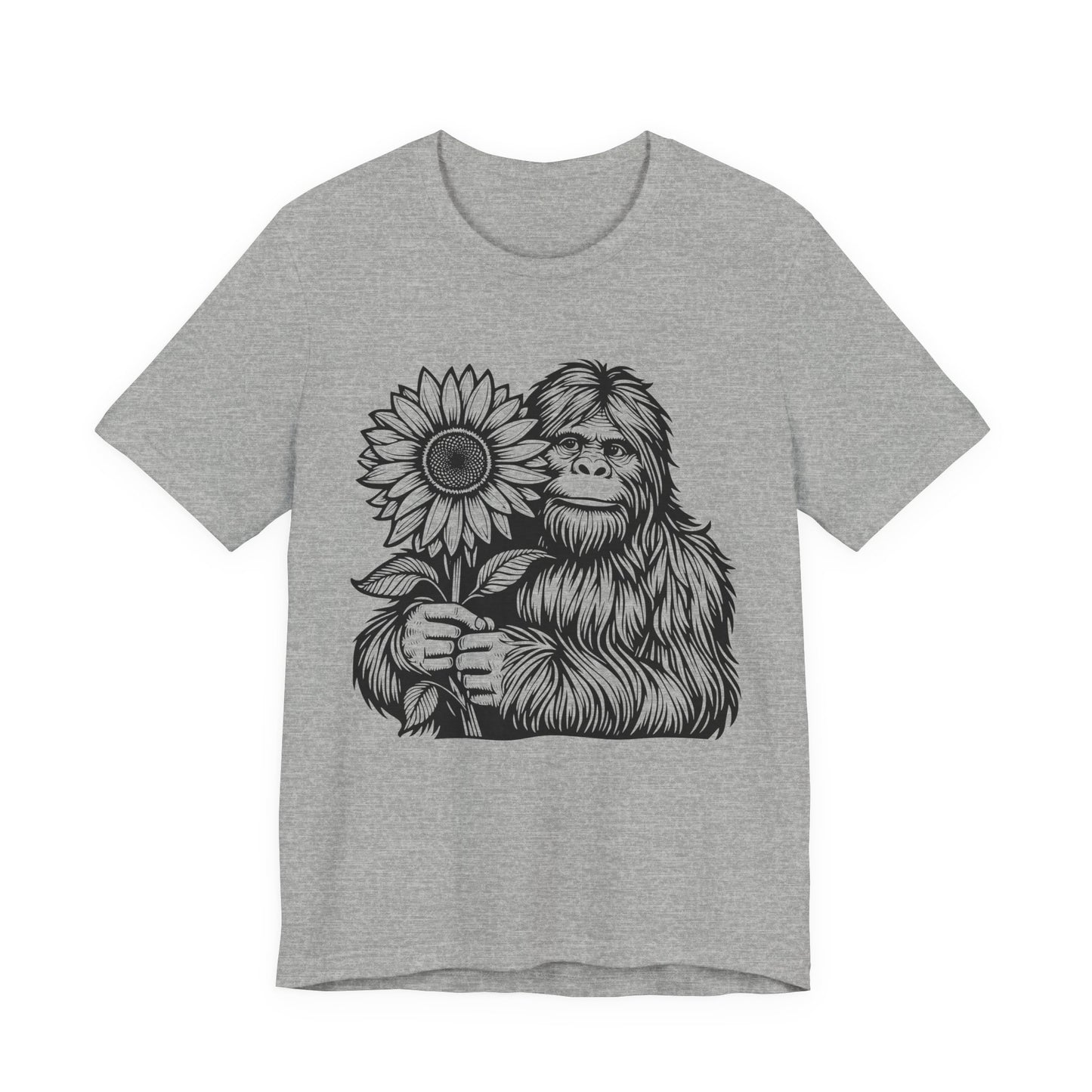 Sasquatch Holding Sunflower T-Shirt — Cute Bigfoot Floral Tee