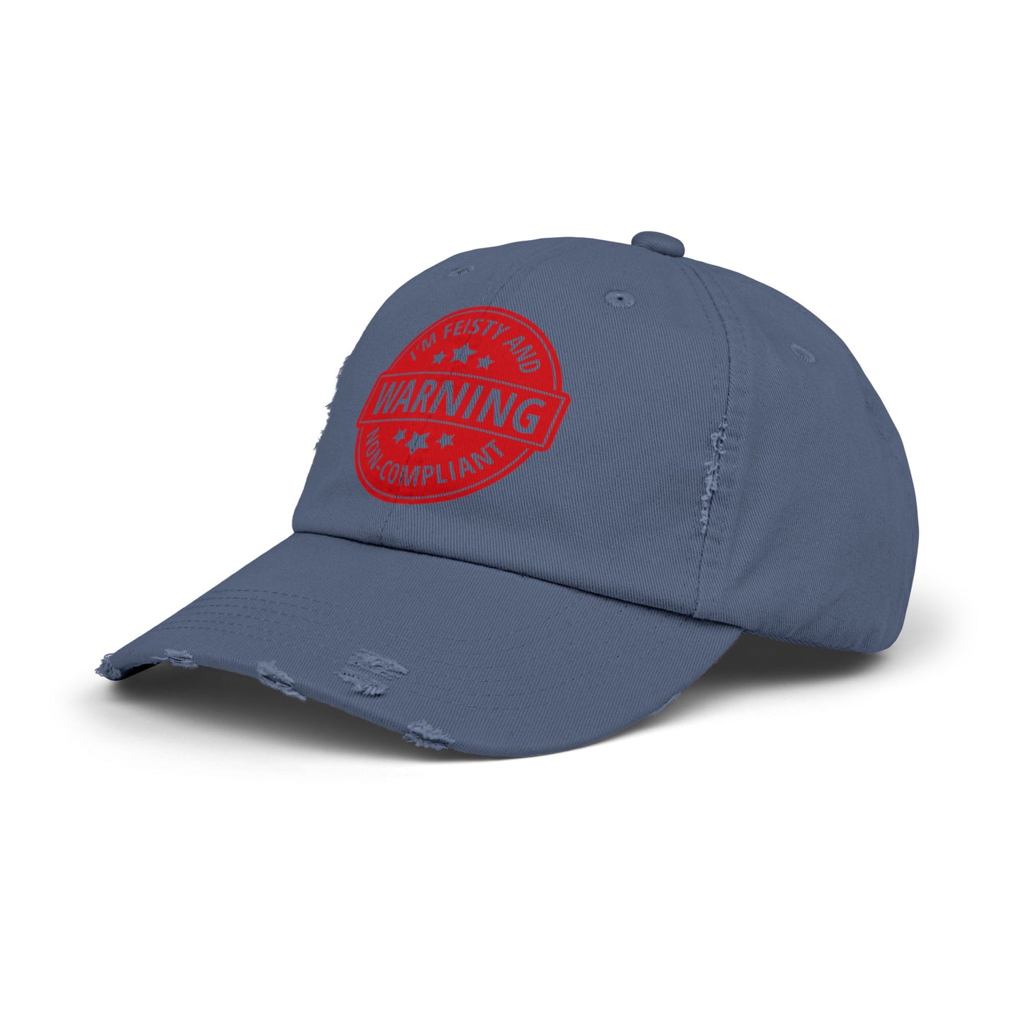 Distressed Cap — "Warning: I'm Feisty and Non-Compliant" Red Badge Hat