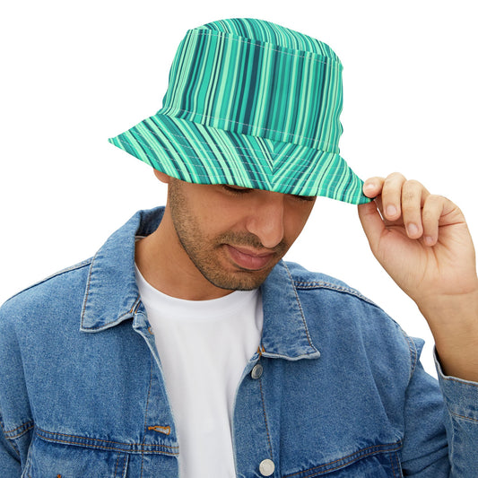 Turquoise Striped Bucket Hat - Retro Beach Sun Hat, Teal Green Waves AOP