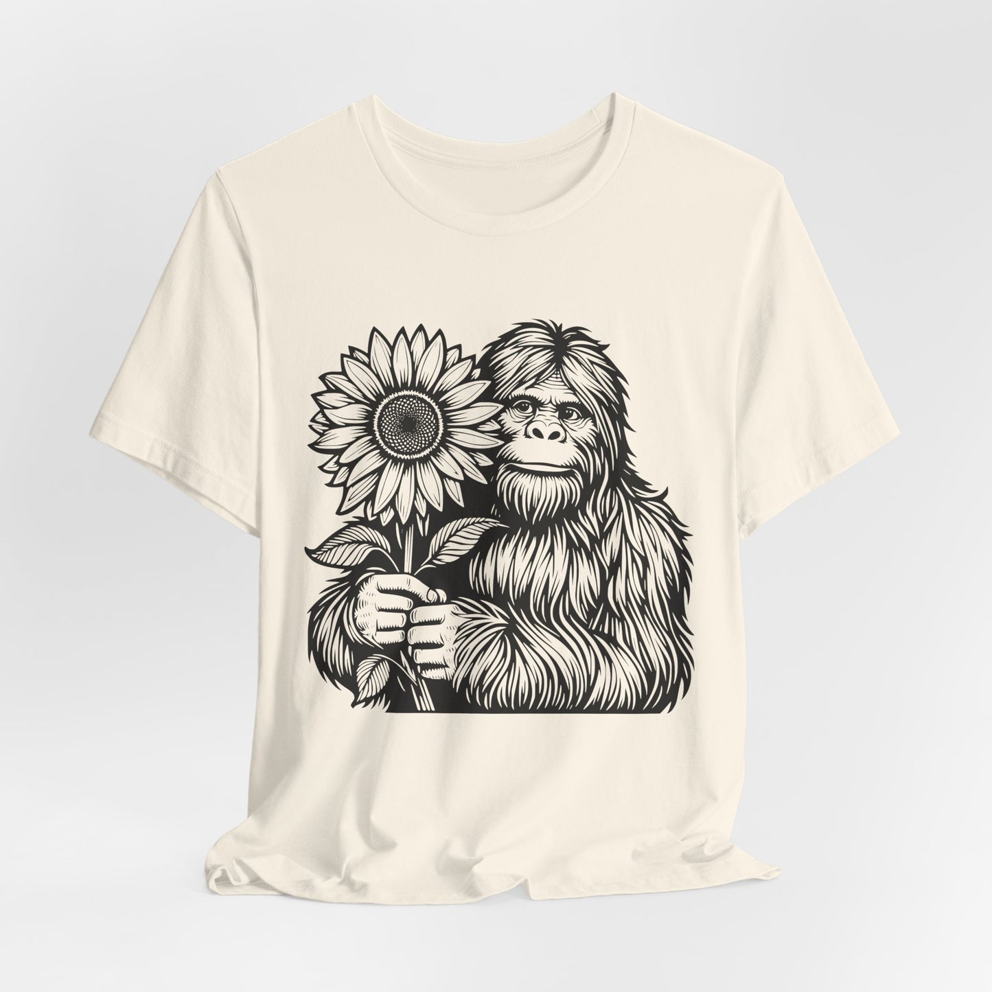 Sasquatch Holding Sunflower T-Shirt — Cute Bigfoot Floral Tee