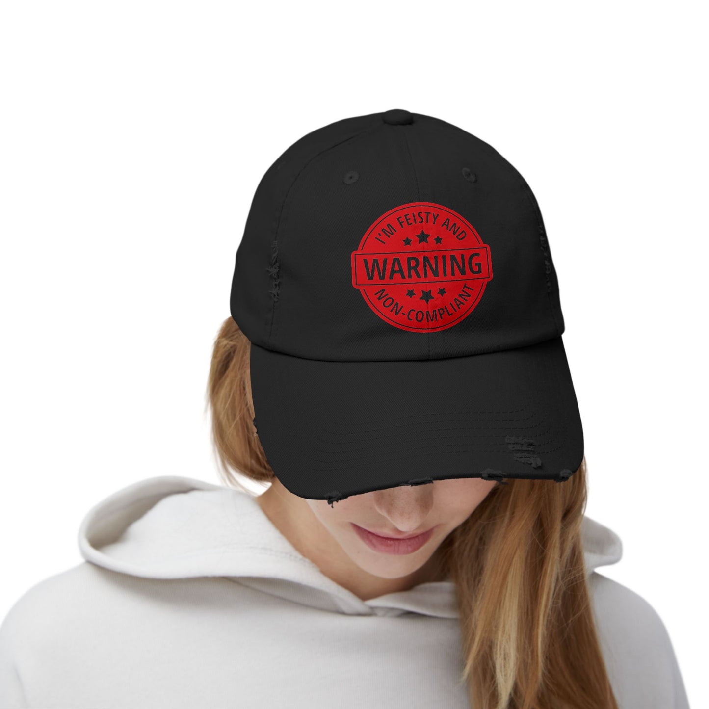 Distressed Cap — "Warning: I'm Feisty and Non-Compliant" Red Badge Hat
