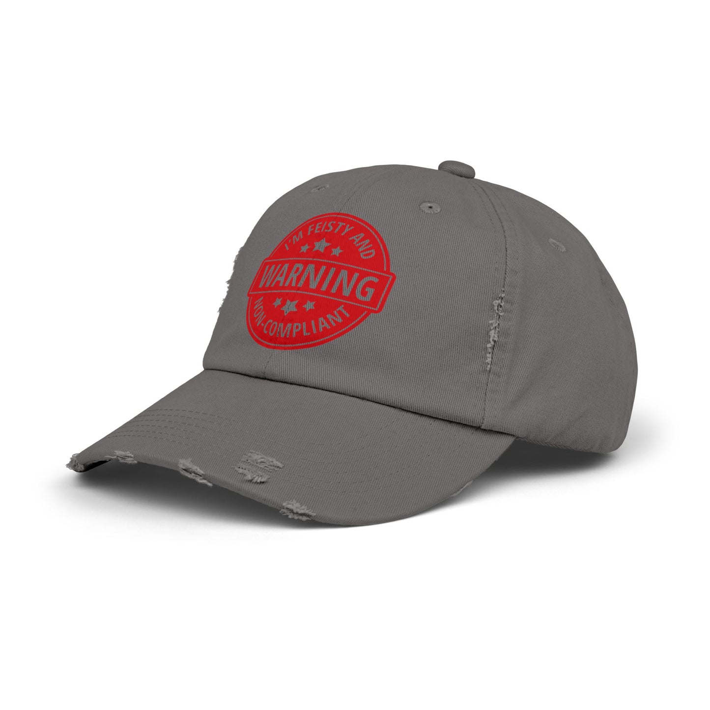 Distressed Cap — "Warning: I'm Feisty and Non-Compliant" Red Badge Hat