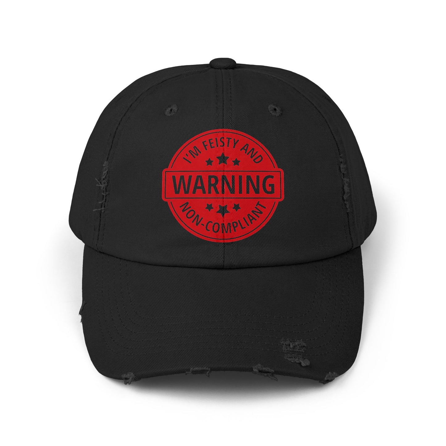 Distressed Cap — "Warning: I'm Feisty and Non-Compliant" Red Badge Hat