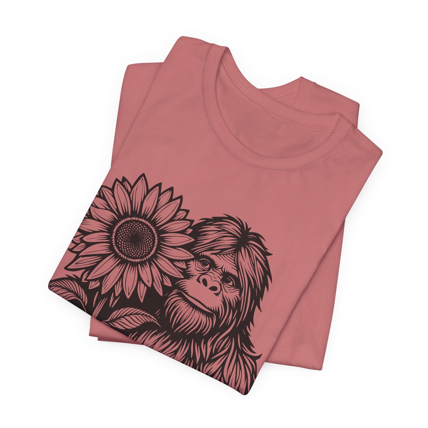 Sasquatch Holding Sunflower T-Shirt — Cute Bigfoot Floral Tee