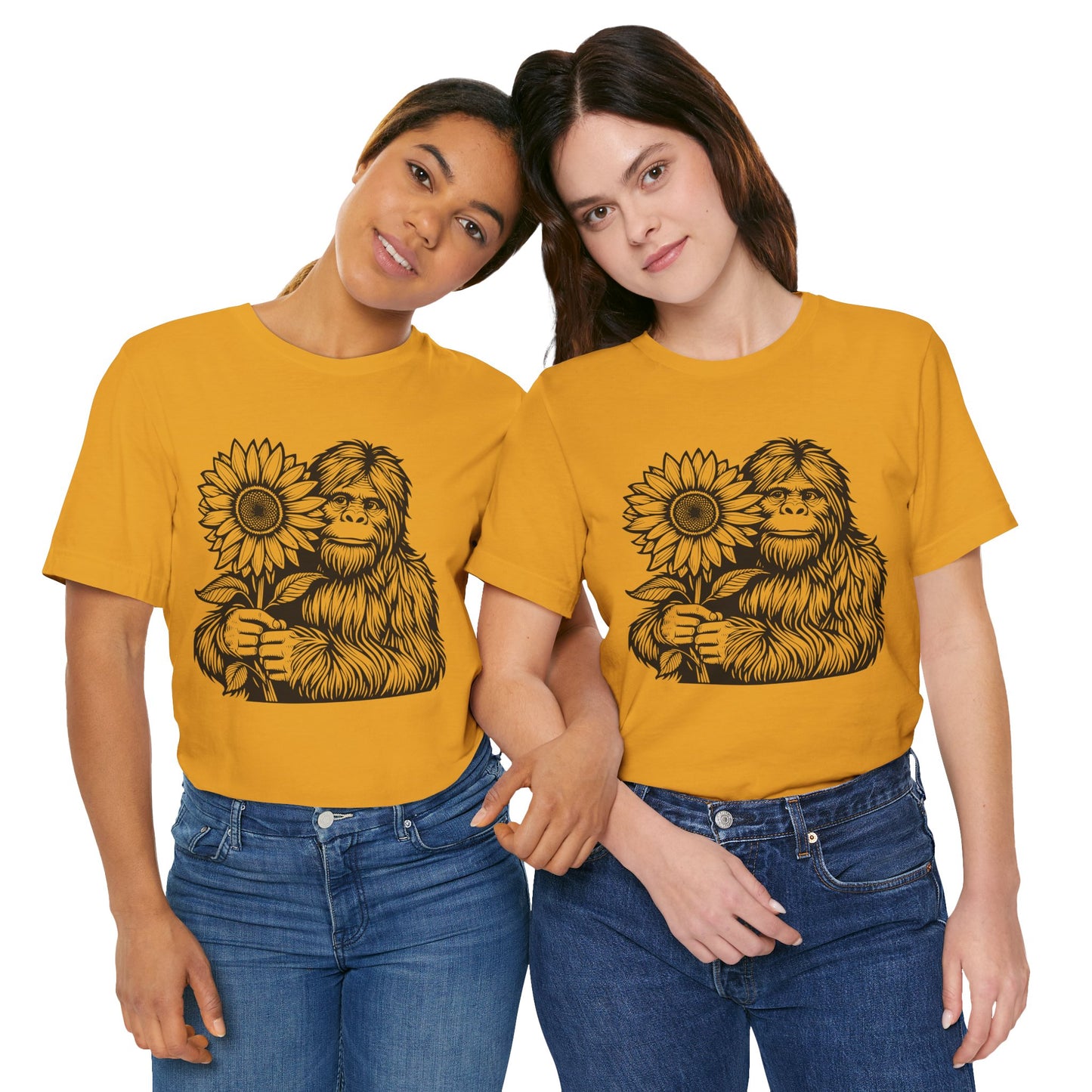 Sasquatch Holding Sunflower T-Shirt — Cute Bigfoot Floral Tee