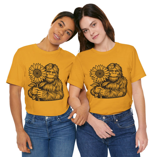 Sasquatch Holding Sunflower T-Shirt — Cute Bigfoot Floral Tee