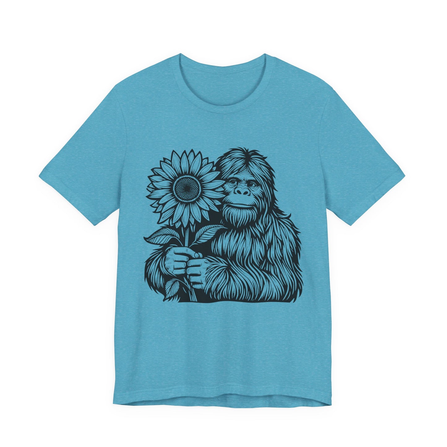 Sasquatch Holding Sunflower T-Shirt — Cute Bigfoot Floral Tee