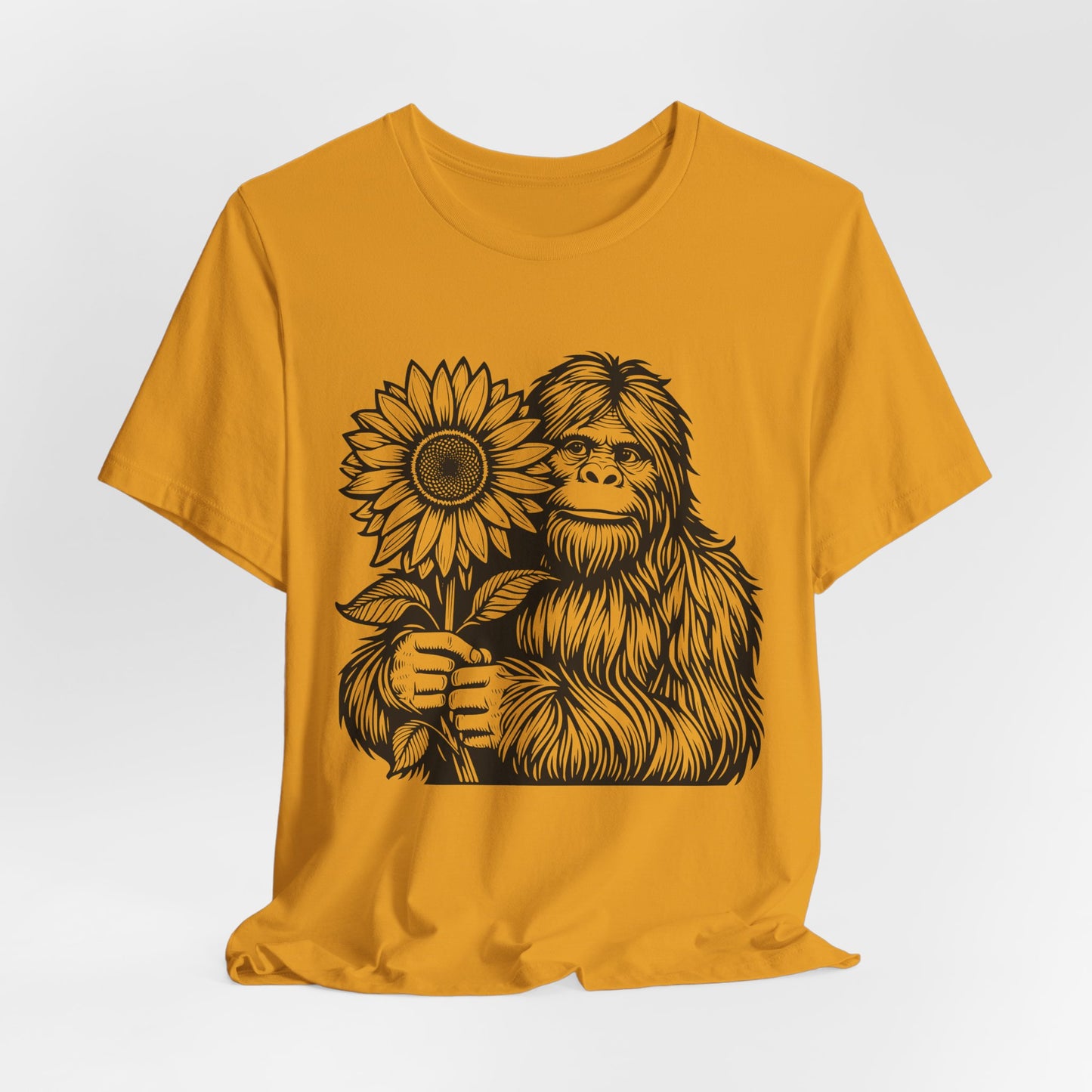 Sasquatch Holding Sunflower T-Shirt — Cute Bigfoot Floral Tee