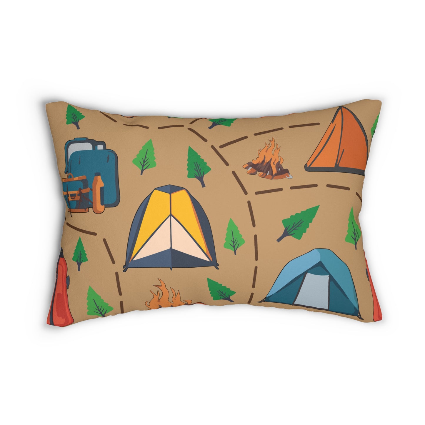 Camping Tent Pattern Lumbar Pillow — Outdoor Adventure Camper Accent Pillow