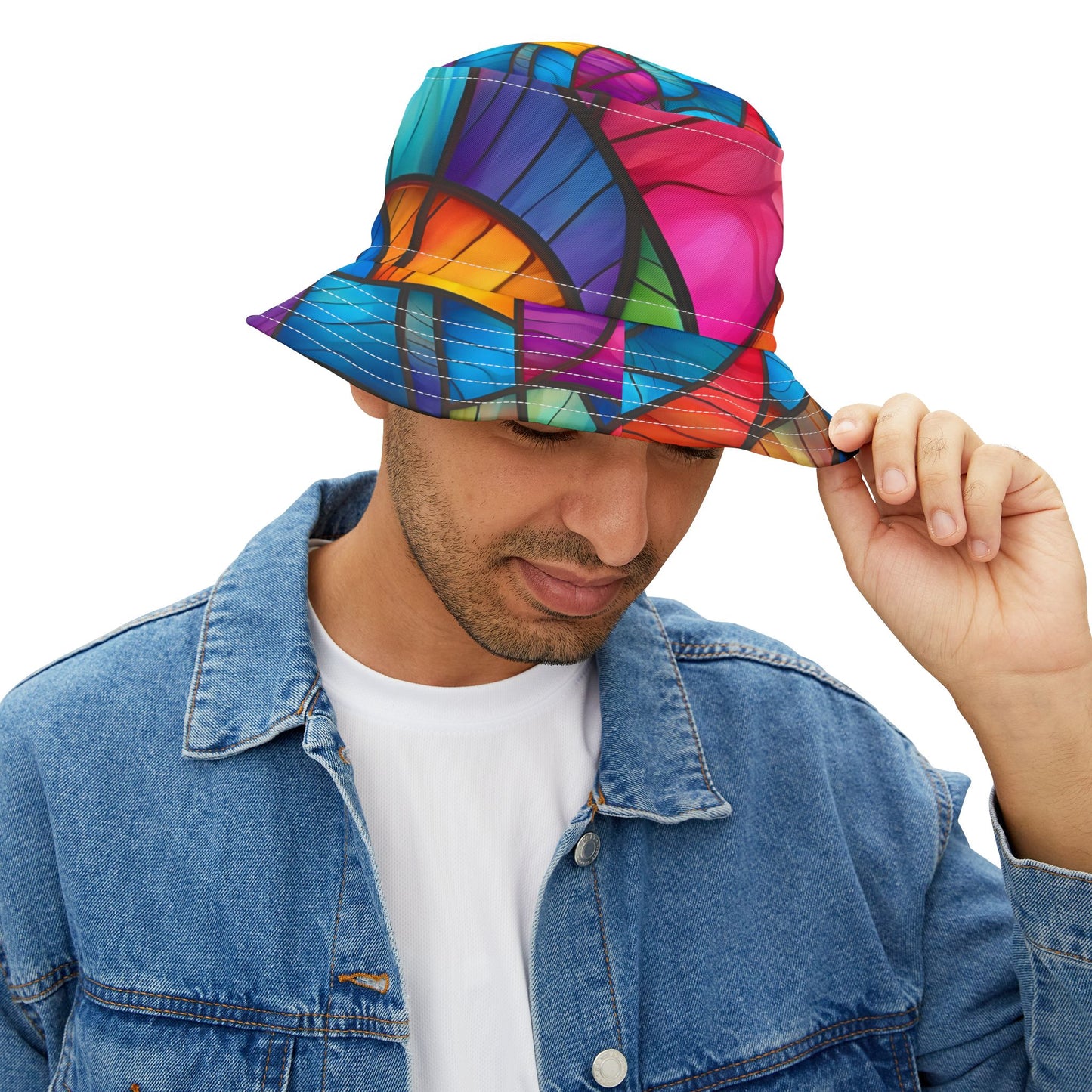 Colorful Stained Glass Pattern Bucket Hat — Vibrant Abstract Summer Sun Hat