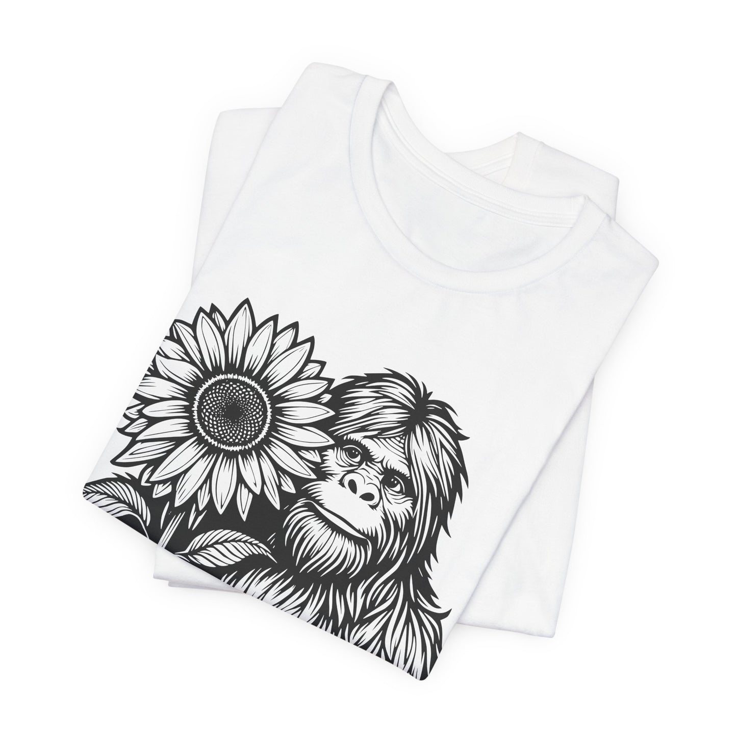Sasquatch Holding Sunflower T-Shirt — Cute Bigfoot Floral Tee