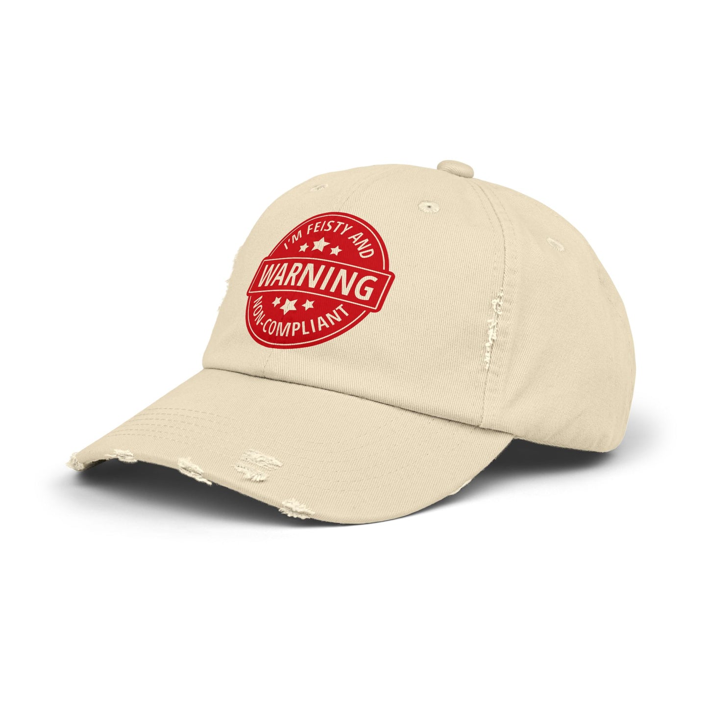 Distressed Cap — "Warning: I'm Feisty and Non-Compliant" Red Badge Hat