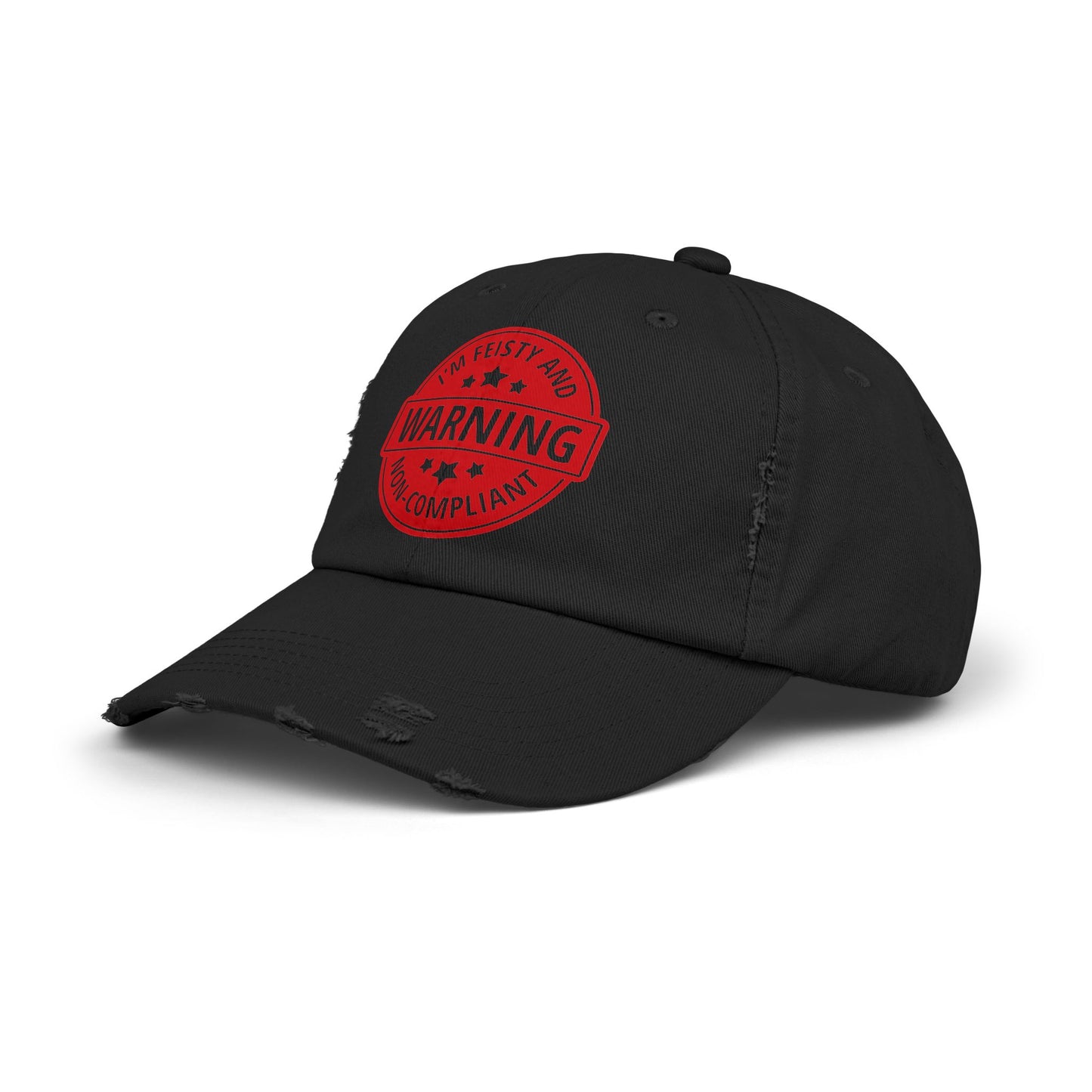 Distressed Cap — "Warning: I'm Feisty and Non-Compliant" Red Badge Hat